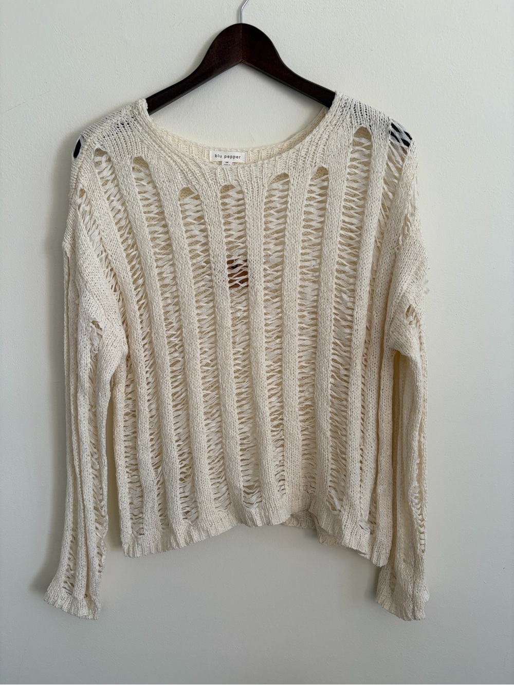 Blu Pepper Open-Weave Cream Crewneck Sweater